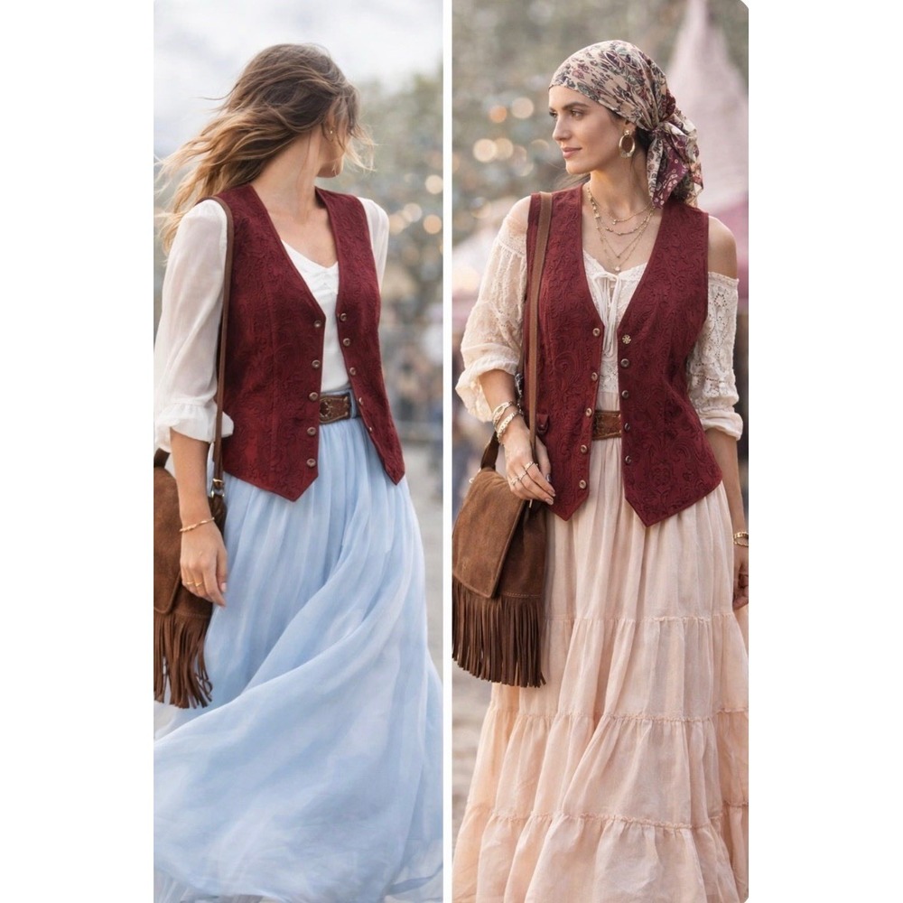 Jane Ashley VTG Burgundy Suede Embroidered Vest Boho Western Indie L Festival